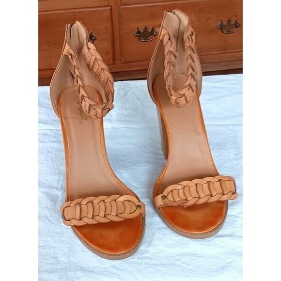 Qupid Heeled Sandal 9 Tan 4" Block Heel Strappy Braid - Picture 3 of 6
